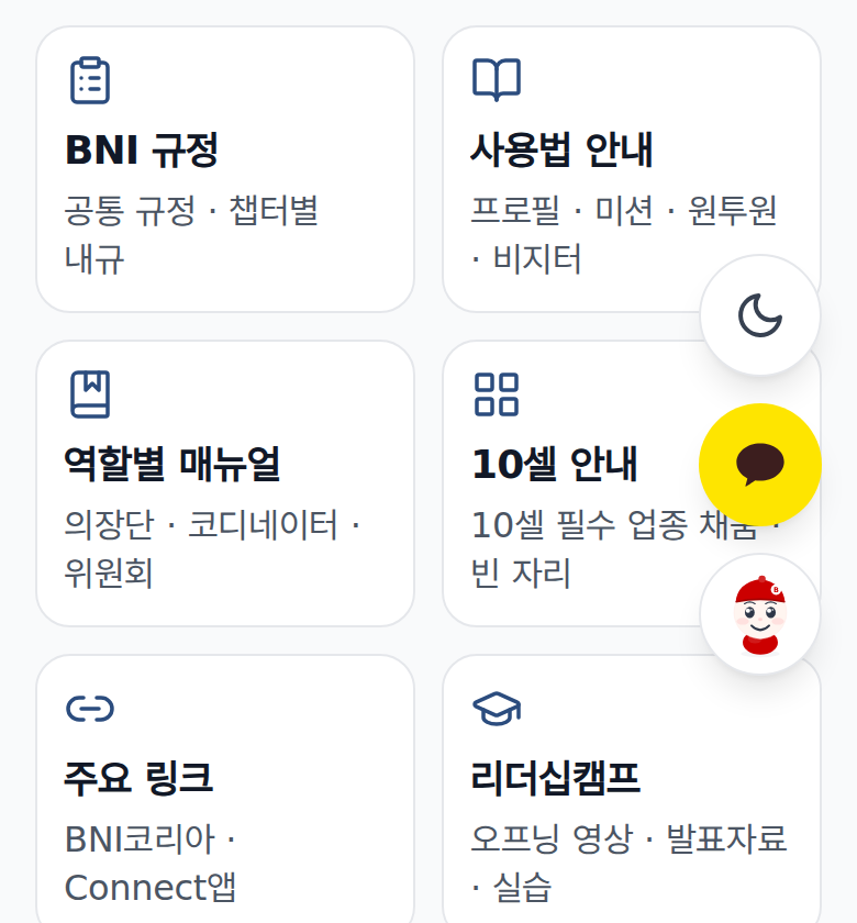 BNI활동 화면의 안내 묶음. 규정 · 사용법 안내 · 역할별 매뉴얼 · 10셀 안내