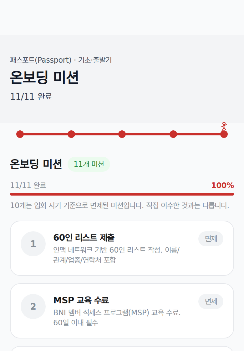 온보딩 미션 목록. 미션마다 번호와 제목과 상태가 있습니다